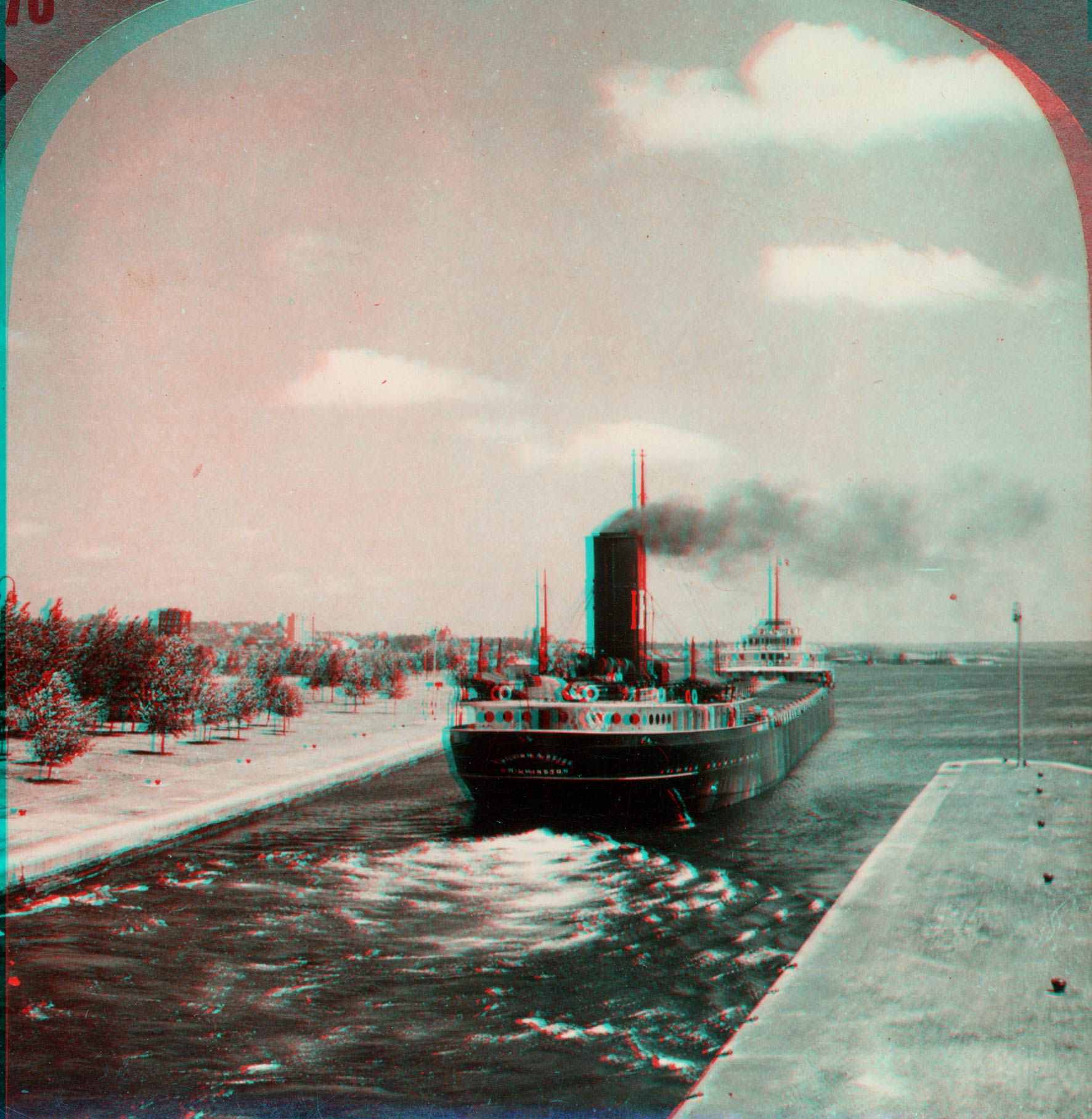 Large Iron Ore Boat Leaving Sault Ste. Marie Locks, to Enter Lake Huron, Michigan