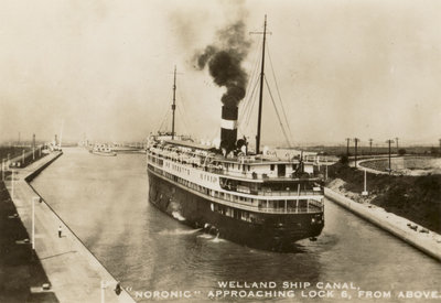 Welland Ship Canal, &quot;Noronic&quot; Approaching Lock 6, from above.