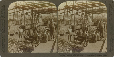 Docks, switchyards and 1-tons buckets for lifting iron ore from ships to cars, Cleveland, Ohio