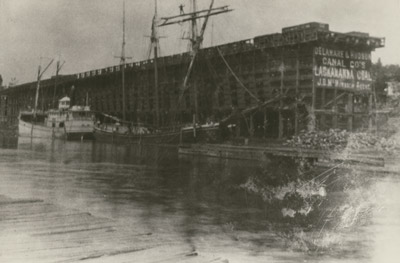 Schooner and steamer at Delaware & Hudson Canal Company's coal dock in Oswego, NY