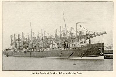 Iron Ore Carrier of the Great Lakes Discharging Cargo